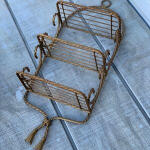 Vintage Gold Metal 3-Tier Wall Shelf Twisted Rope French Provincial Hollywood 22